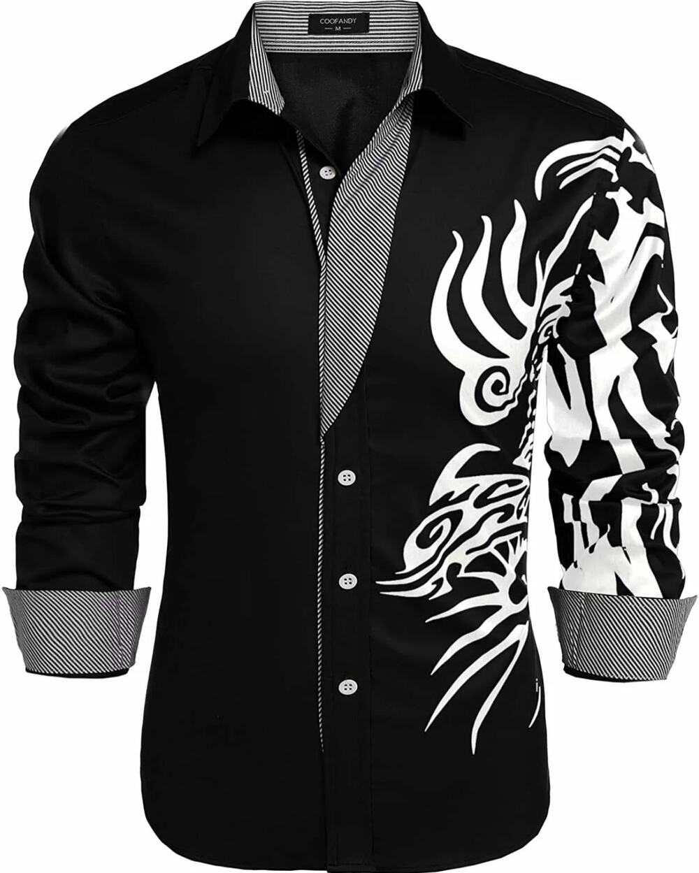 COOFANDY Mens Black White Print Button Down Long Sleeve Woven Shirt XXL